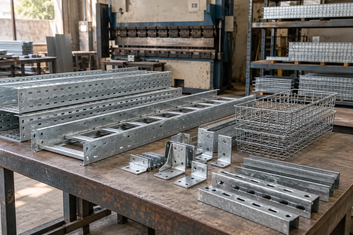 Illustration of fabricated cable trays, wire-mesh baskets, brackets, and supports in a workshop