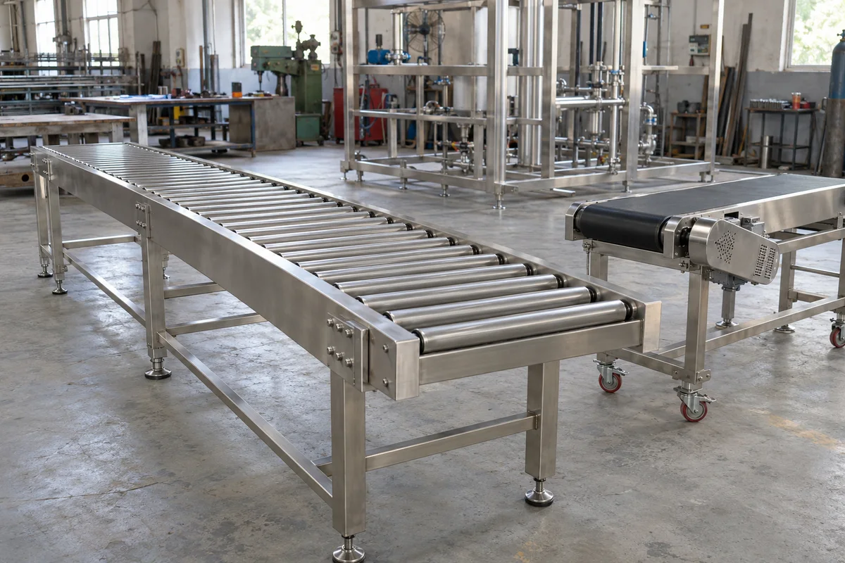 Illustration of roller and portable belt conveyors with a process skid frame in a fabrication workshop